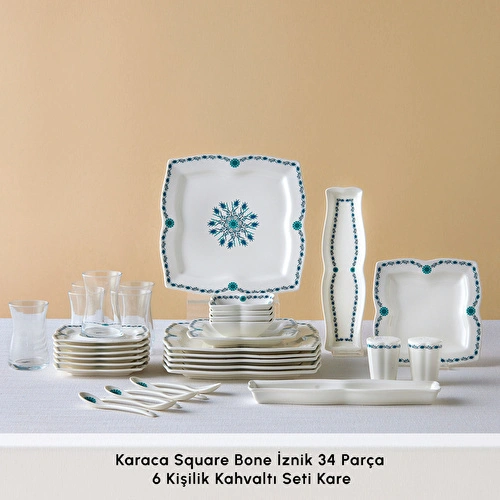 Karaca Square Bone İznik Kare 34 Parça 6 Kişilik Kahvaltı Takımı