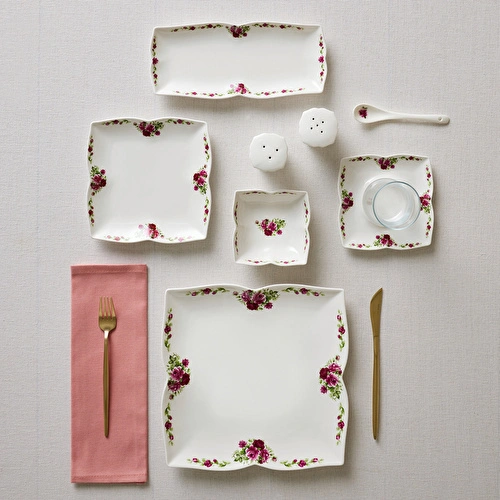 Karaca Square Bone Red Rose Kare 34 Parça 6 Kişilik Kahvaltı Seti