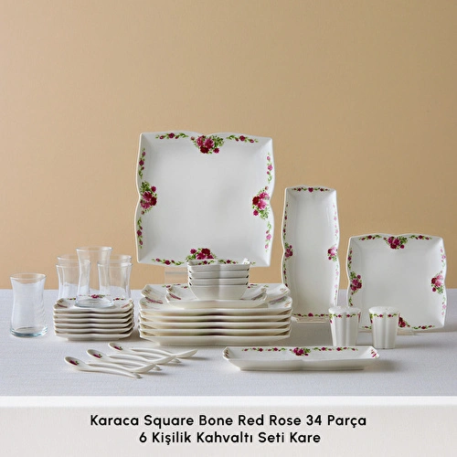 Karaca Square Bone Red Rose Kare 34 Parça 6 Kişilik Kahvaltı Seti Karaca Square Bone Red Rose Kare 34 Parça 6 Kişilik Kahvaltı Seti