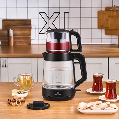 Emsan Glass Tea XL 2 in 1 Cam Çay Makinesi ve Kettle Shiny Black