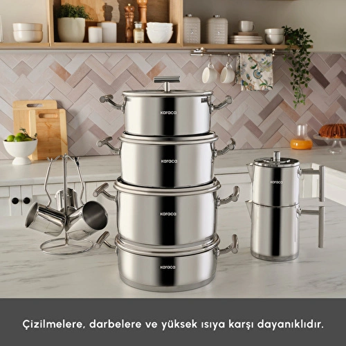 Karaca Powersteel 316+ Vanilla 15 Parça Çelik Tencere Çaydanlık ve Cezve Seti Karaca Powersteel 316+ Vanilla 15 Parça Çelik Tencere Çaydanlık ve Cezve Seti
