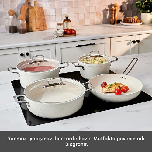 Emsan Biogranit White Stone 7 Parça Tencere ve Tava Seti