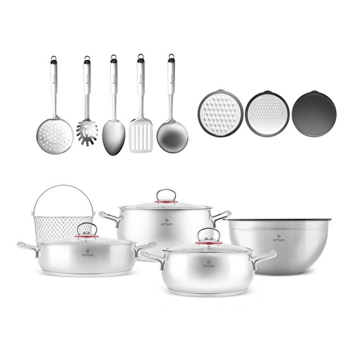 Emsan Karıştır-Pişir-Sakla 18 Parça Karıştırma Kabı ve Servis Gereçli Çelik Tencere Seti