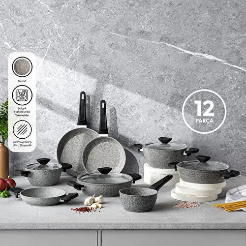 Emsan Fortis Granit 12 Parça Tencere Seti Gri
