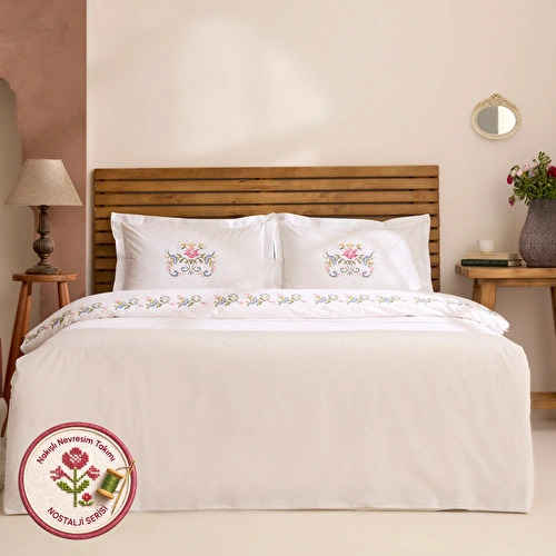 Karaca Home Ottalia %100 Pamuk Kanaviçe Nakışlı Çift Kişilik Nevresim Takımı Beyaz