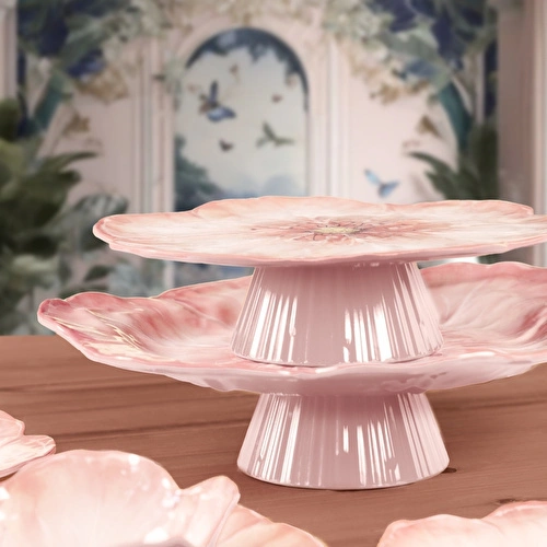 Baci Milano Botanica Çiçek Desenli Melamin Pembe Orta Boy Ayaklı Kek Standı 32,5 cm