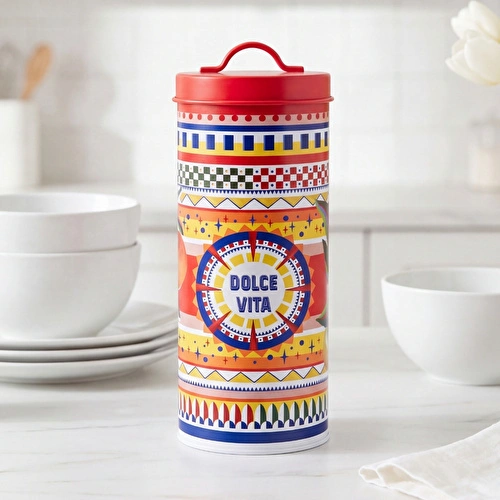 Baci Milano Dolce Vita Çark Desenli Paslanmaz Çelik Vakumlu Uzun Silindir Spaghetti Saklama Kutusu Ø 11 cm, H 29 cm