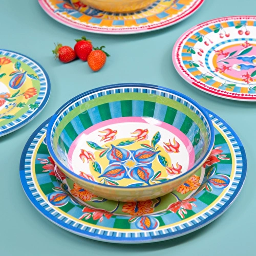 Baci Milano Dolce Far Niente Mavi ve Pembe Renkli Karışık 6 Parça Melamin Çukur Tabak 23 cm