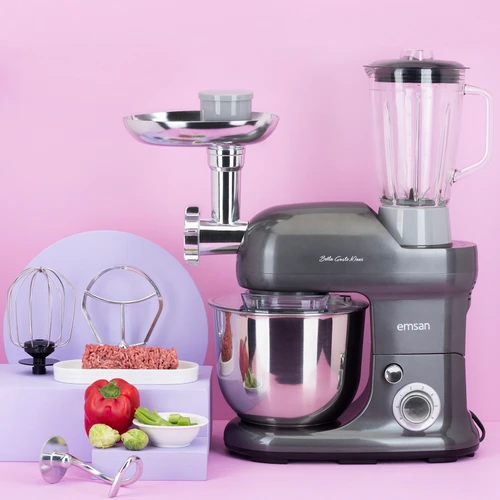 Emsan Bella Gusto Maxi Antrasit Kıyma Çekme /Sucuk-Sosis/İçli Köfte Aparatlı/Smooth Hazneli Hamur Yoğurma Makinesi 1300W 5L