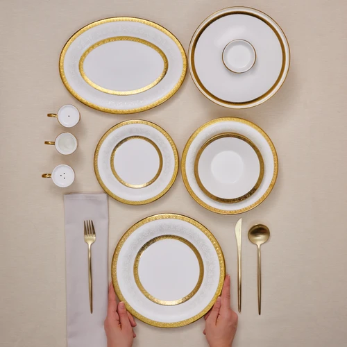 Karaca Royal Bone Victoria 55 Parça 12 Kişilik Yemek Takımı Gold 