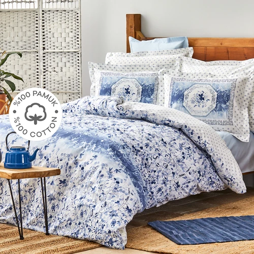 Karaca Home Amelia Mavi %100 Pamuk Çift Kişilik Fitted Çarşaflı Nevresim Takımı