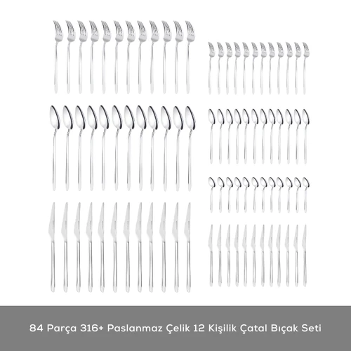 Karaca 316 Premium Stark Platin 12 Kişilik 84 Parça Çatal Kaşık Bıçak Takımı 