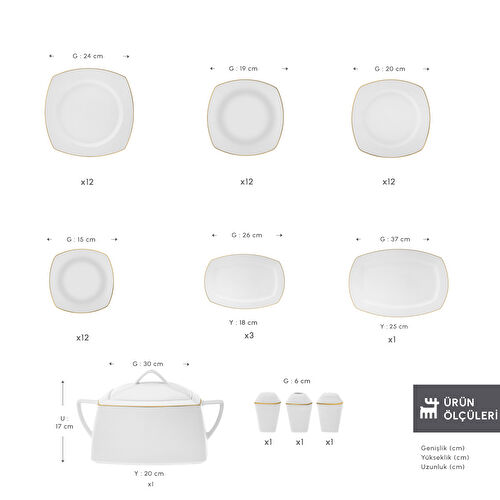 Karaca Square Bone Chiara 60 Parça 12 Kişilik Yemek Takımı Gold