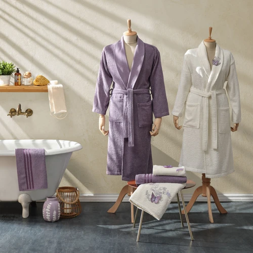 Karaca Home Butterfly 3D Nakışlı 6 Parça Bornoz/Banyo/Baş HavlusuAile Banyo Seti Lila Mor