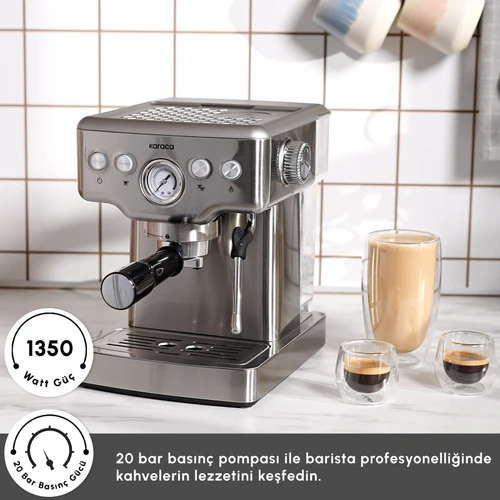 Karaca Coffee Art 1353 Süt Köpürtücülü, 20 Bar Basınçlı, Espresso, Latte, Cappuccino, Americano Makinesi Inox 1,8L 1350W
