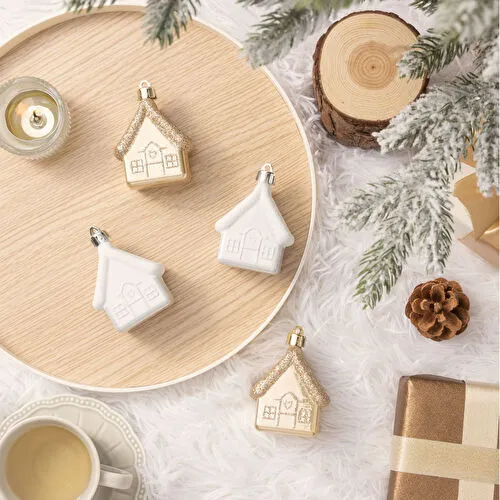Karaca New Year Yılbaşı 4'lü Set Ev Figürü Ağaç Süsü Gold ve Silver 6.5 cm