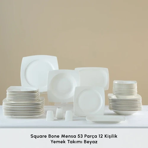 Karaca Square Bone Mensa 53 Parça 12 Kişilik Yemek Takımı Beyaz 