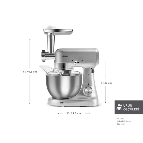 Karaca Multicast Plus Döküm Kıyma Çekme/Sucuk-Sosis/İçli Köfte/ Kurabiye Aparatlı Hamur Yoğurma Makinesi Silver 5L 