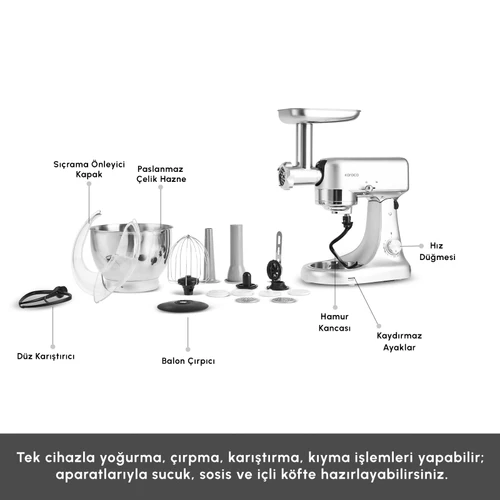 Karaca Multicast Plus Döküm Kıyma Çekme/Sucuk-Sosis/İçli Köfte/ Kurabiye Aparatlı Hamur Yoğurma Makinesi Silver 5L 