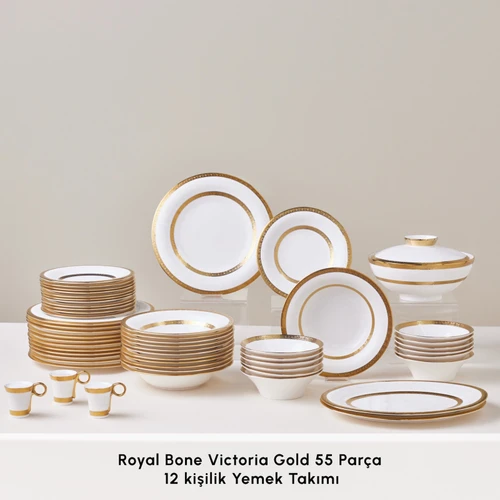 Karaca Royal Bone Victoria 55 Parça 12 Kişilik Yemek Takımı Gold 