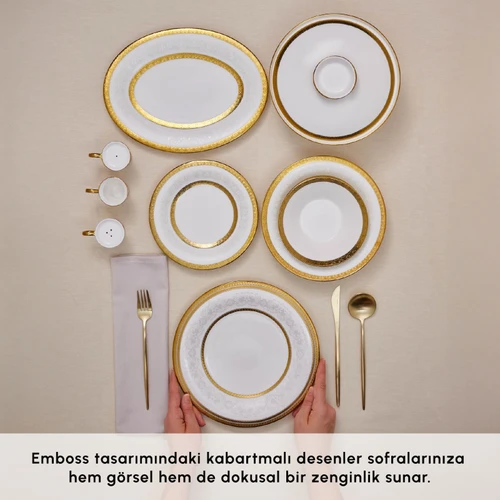 Karaca Royal Bone Victoria 55 Parça 12 Kişilik Yemek Takımı Gold 
