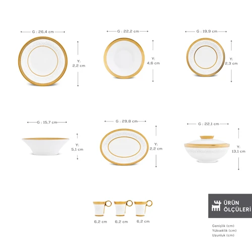 Karaca Royal Bone Charlotte 55 Parça 12 Kişilik Yemek Takımı Gold 