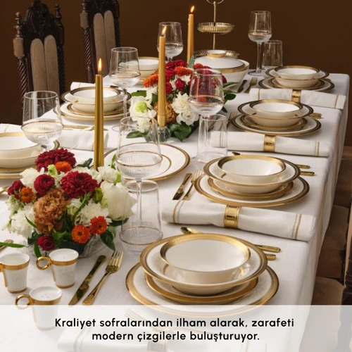 Karaca Royal Bone Charlotte 55 Parça 12 Kişilik Yemek Takımı Gold 