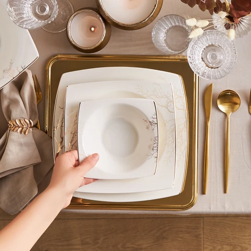 Karaca Square Bone Autumn 53 Parça 12 Kişilik Yemek Takımı Gold