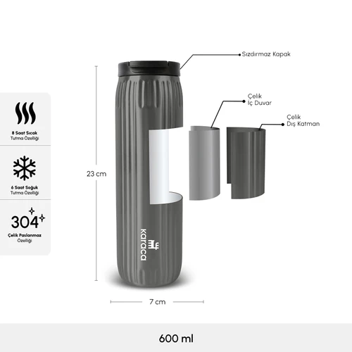 Karaca Rimo Sızdırmaz Çelik Termos 600 ml Antrasit