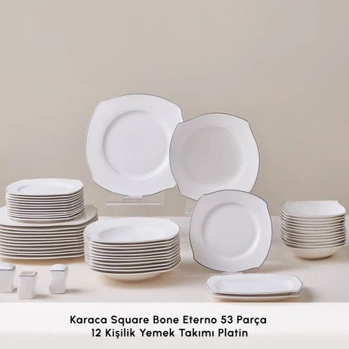 Karaca Square Bone Eterno 53 Parça 12 Kişilik Yemek Takımı Platin