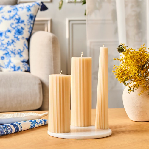 Karaca Striped Tırtıklı Sütun Mum 20 cm Bej