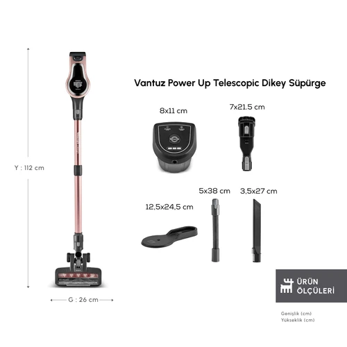 Karaca Vantuz Power Up Telescopic Uzunluğu Ayarlanabilir Dikey Süpürge Rosegold
