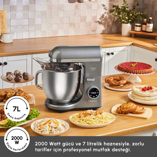 Karaca Mastermaid Chef Ultra D2000W Dijital Ekranlı Hamur Yoğurma Makinesi Galaxy Grey 7L 