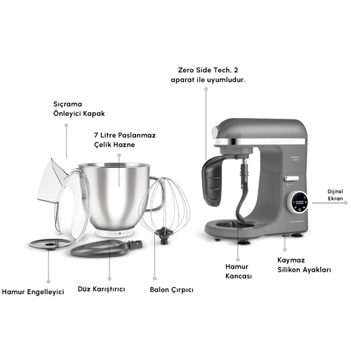 Karaca Mastermaid Chef Ultra D2000W Dijital Ekranlı Hamur Yoğurma Makinesi Galaxy Grey 7L 