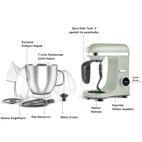 Karaca Mastermaid Chef Ultra D2000W Dijital Ekranlı Hamur Yoğurma Makinesi Cabbage Green 7L