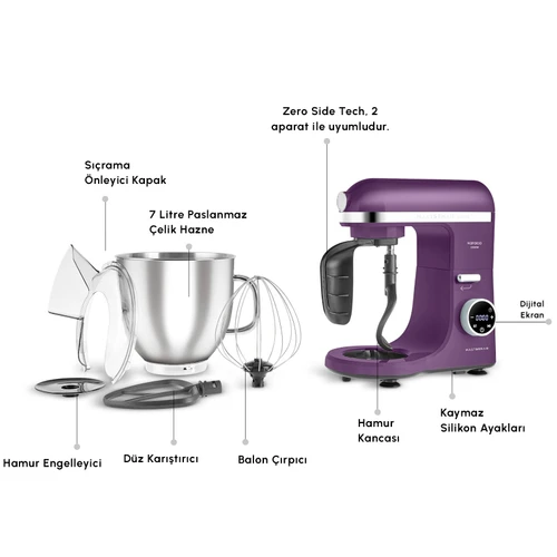 Karaca Mastermaid Chef Ultra D2000W Dijital Ekranlı Hamur Yoğurma Makinesi Grape Purple 7L