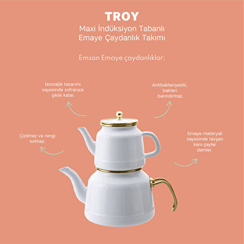 Emsan Troy Maxi İndüksiyon Tabanlı Emaye Çaydanlık Takımı Beyaz