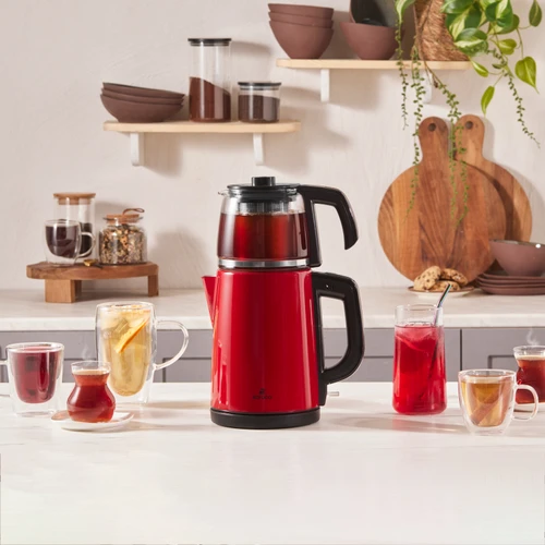 Karaca Tea Glass 2 in 1 Çelik Çay Makinesi ve Kettle Kırmızı