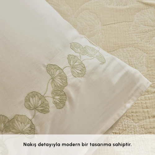Karaca Home Ginkgo Leaf Müslin Nakışlı Çift Kişilik Pike Takımı Adaçayı
