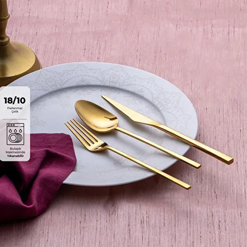 Emsan Alba 18 Parça Parlak Gold Yemek Kutulu Çatal Kaşık Bıçak Takımı