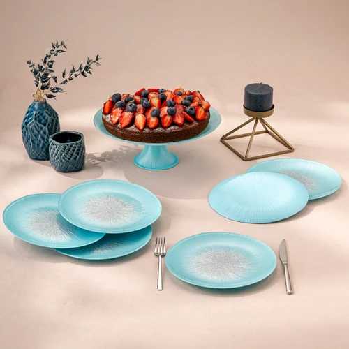Emsan Pastel 7 Parça Cam Pasta / Tatlı Seti Mavi