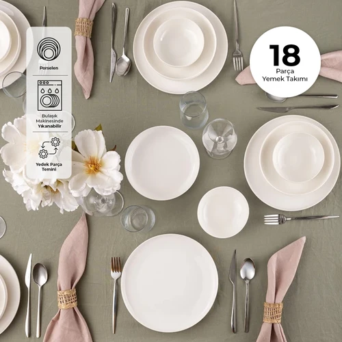 İstanbul Porselen Sade 18 Parça 6 Kişilik Yemek Takımı