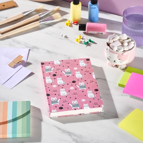 Karaca Container Pembe Kedi 96 Yaprak Çizgili Sert Kapak Defter