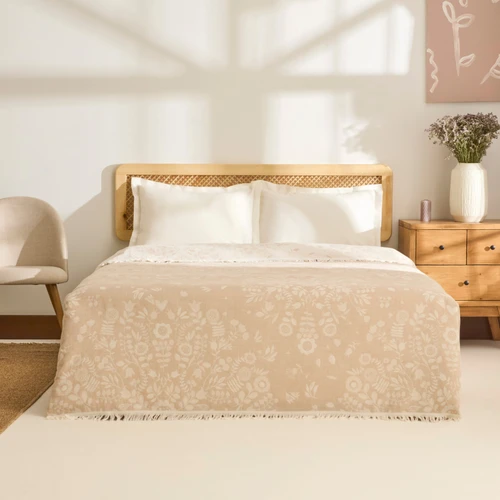 Kaşmir Home Grasy Çift Kişilik Jakar Müslin Pike Bej
