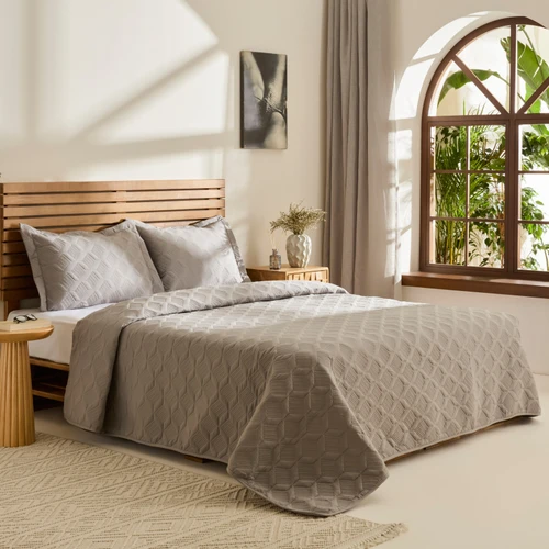 Kaşmir Home Greta Geometrik Çift Kişilik Yatak Örtüsü Takımı Koyu Gri 230x240 cm