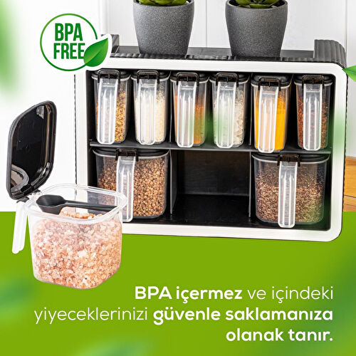 Vienev Beyaz Serigrafi Etiketli 9'lu Standlı Kendinden Yapışkanlı Kaşıklı Baharatlık Seti Antrasit Vienev Beyaz Serigrafi Etiketli 9'lu Standlı Kendinden Yapışkanlı Kaşıklı Baharatlık Seti Antrasit