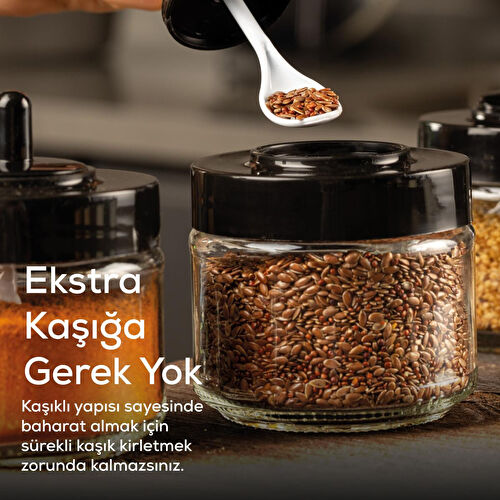 Vienev Siyah Serigrafi Etiketli 12 Adet Kapağı Kendinden Kaşıklı Baharatlık Seti Kısa