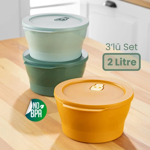 Vienev 3'lü 2 Litre Mikrodalgaya Girebilen Kapaklı Saklama Kabı Seti Renkli