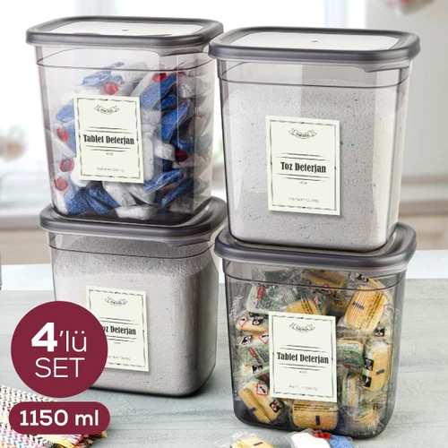 Vienev Etiketli 1150 Ml 4lü Peggy Dikdörtgen Deterjan Saklama Kabı Seti Antrasit