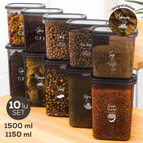 Vienev Beyaz Serigrafi Etiketli 10lu Peggy Dikdörtgen Saklama Kabı Seti 5x(1500-1150 Ml) Antrasit